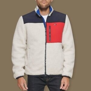 TOMMY HILFIGER Color Blocked Sherpa Coat | Cream‎ • Navy• Red | Size Small